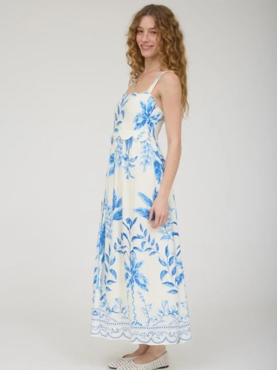 Leaf Print Scallop Detail Sleeveless Midi Dress - Picture 3 of 4